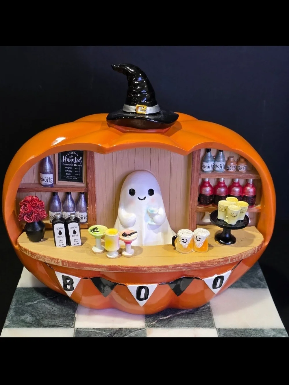 ♥️New! Cute Ghost Bartender Pumpkin Bar Figurine.